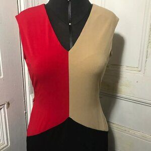 Vintage Calvin Klein Red, Black & Beige Colorblocked Dress Size 8 Petite